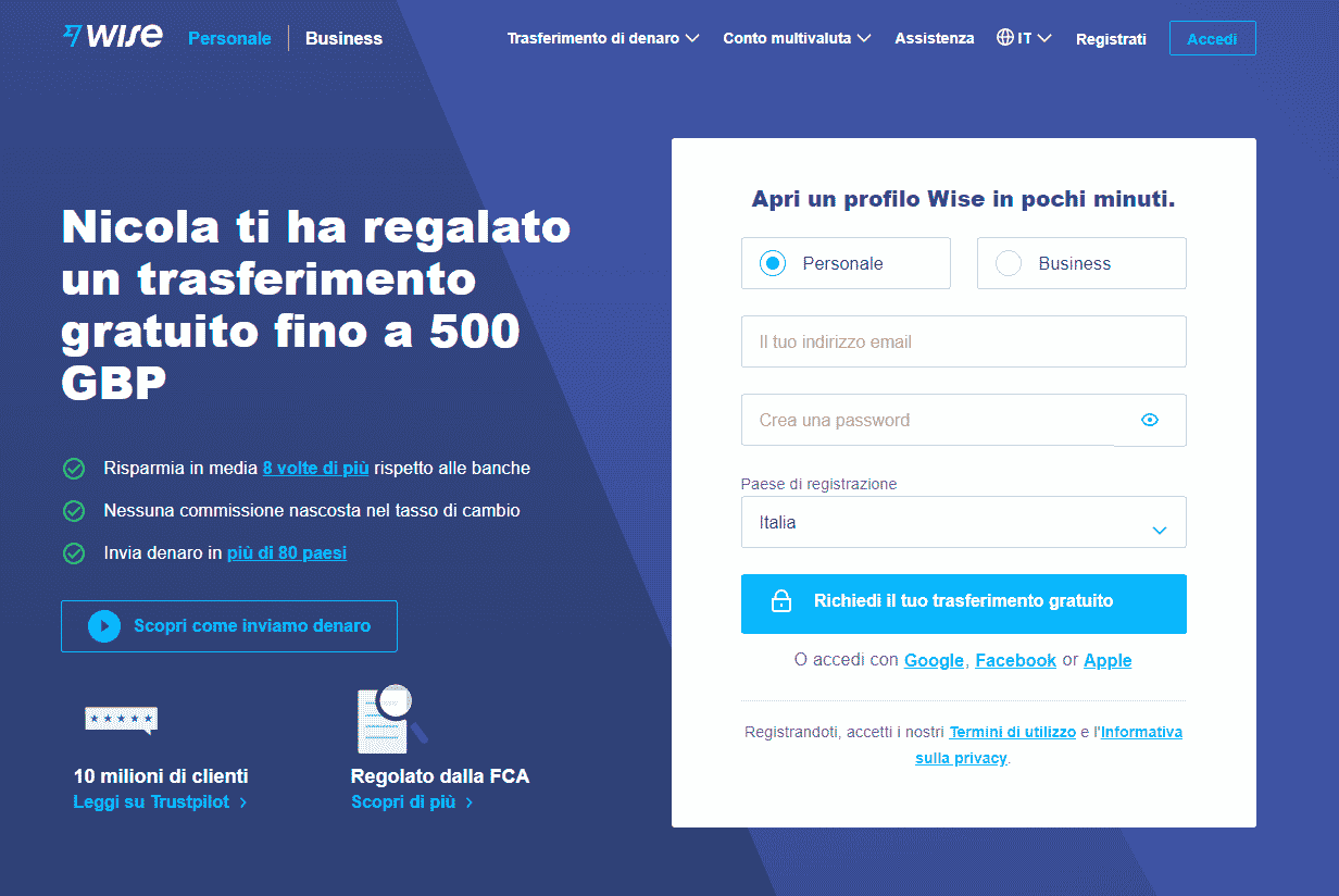 crea il tuo account wise gratuitamente