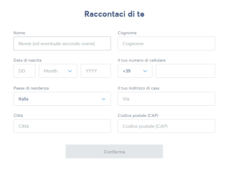 compilazione delle informazioni personali su wise